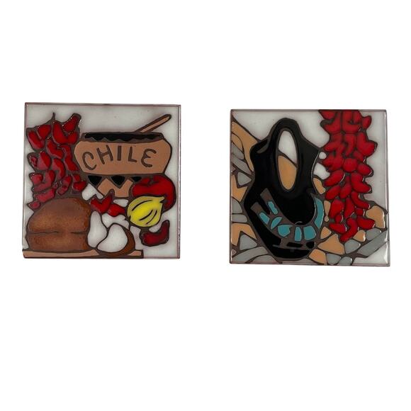 Set of 2 Mag Mor 4x4 Handpainted Vintage Chili Art Tiles Santa Fe NM Made in USA - Picture 1 of 9